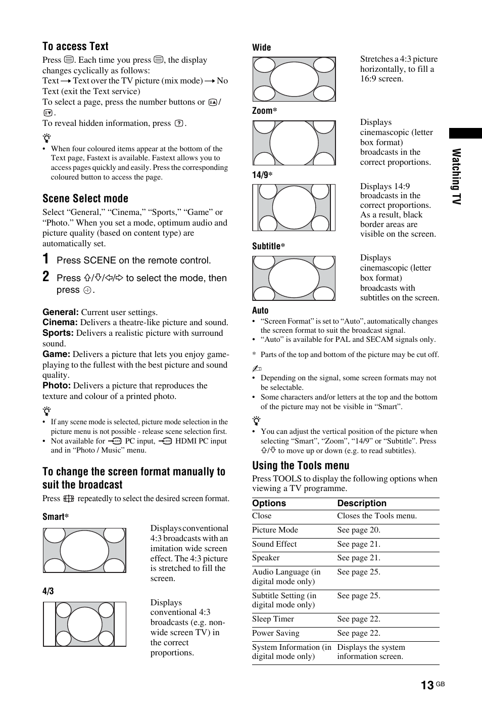 Wa tch ing tv to access text, Scene select mode, Using the tools menu | Sony BRAVIA 4-141-451-E1(2) User Manual | Page 13 / 34