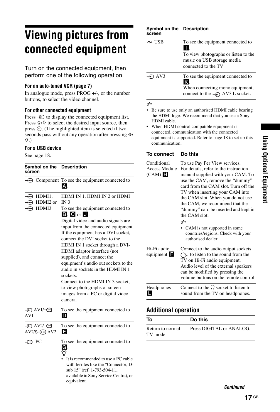 Viewing pictures from connected equipment, Usi ng optio na l e qui pme nt, Additional operation | Sony BRAVIA 4-141-451-E1(2) User Manual | Page 17 / 34