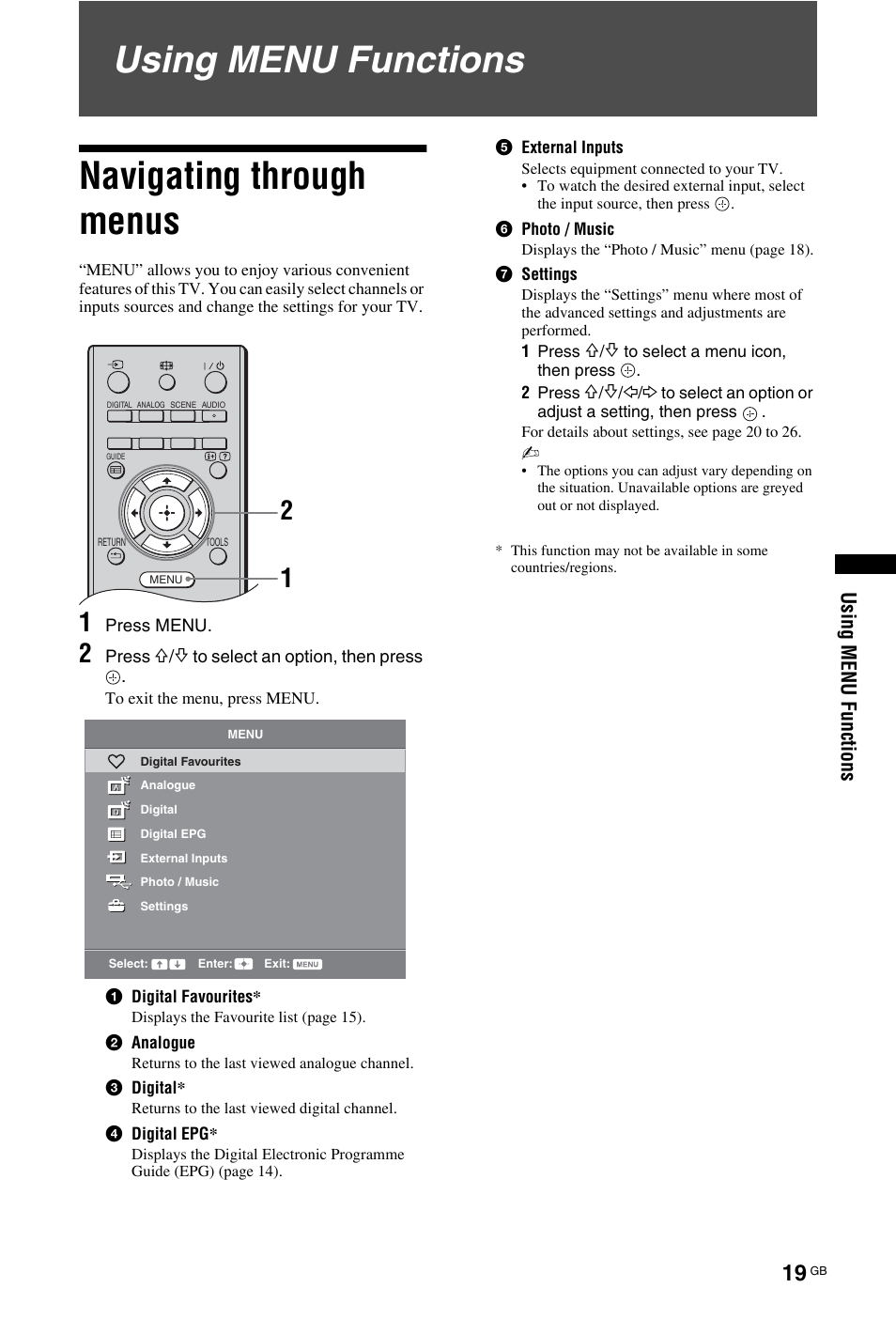 Using menu functions navigating through menus, Usin g menu fu nction s | Sony BRAVIA 4-141-451-E1(2) User Manual | Page 19 / 34