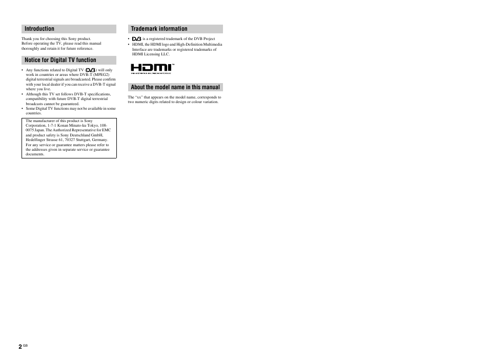 Introduction notice for digital tv function | Sony BRAVIA 4-141-451-E1(2) User Manual | Page 2 / 34