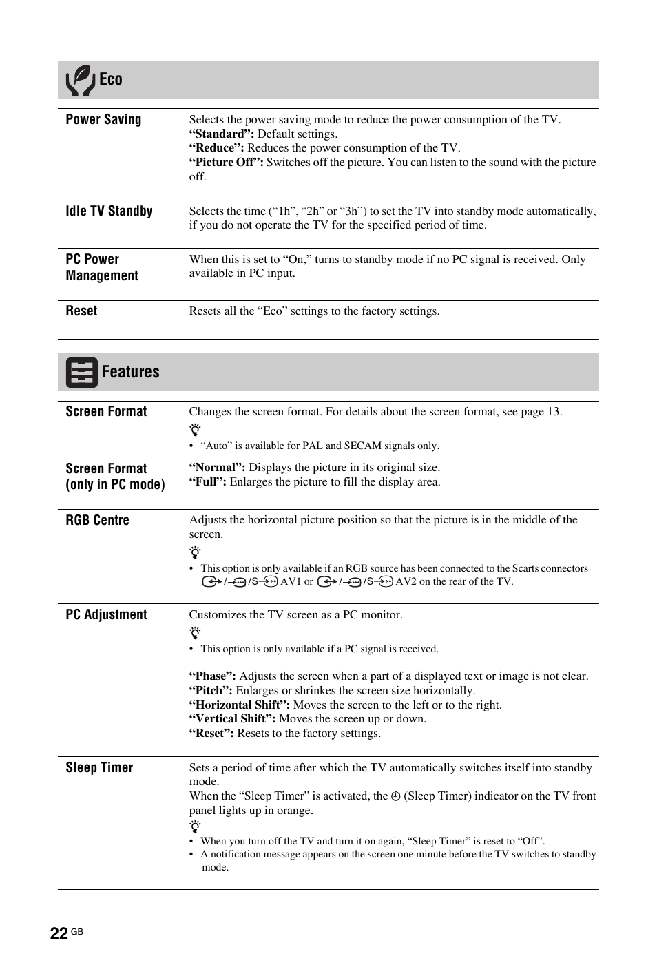 Features | Sony BRAVIA 4-141-451-E1(2) User Manual | Page 22 / 34