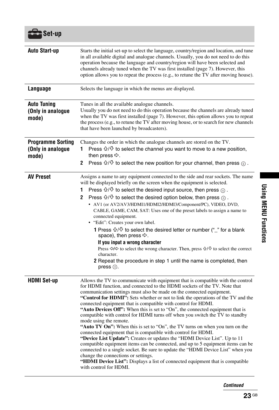 Set-up | Sony BRAVIA 4-141-451-E1(2) User Manual | Page 23 / 34