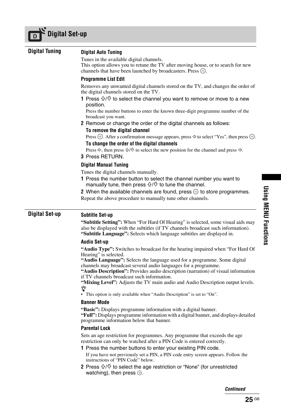 Digital set-up | Sony BRAVIA 4-141-451-E1(2) User Manual | Page 25 / 34