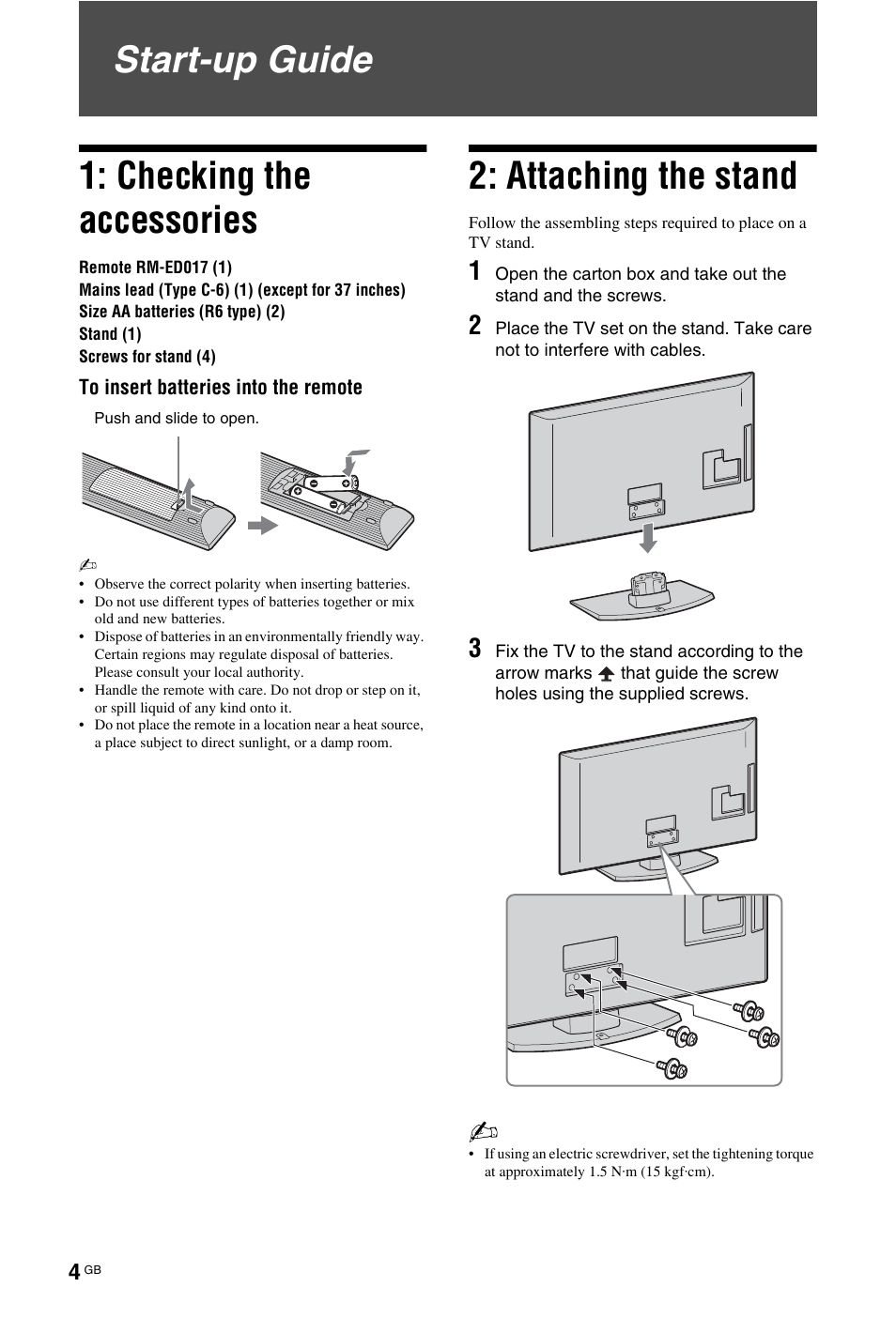 Start-up guide 1: checking the accessories, Attaching the stand | Sony BRAVIA 4-141-451-E1(2) User Manual | Page 4 / 34