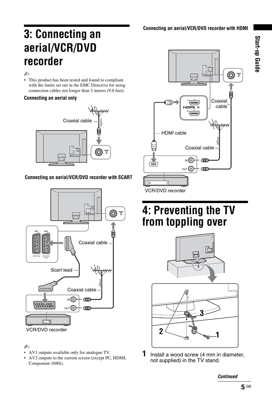 Connecting an aerial/vcr/dvd recorder, Preventing the tv from toppling over | Sony BRAVIA 4-141-451-E1(2) User Manual | Page 5 / 34