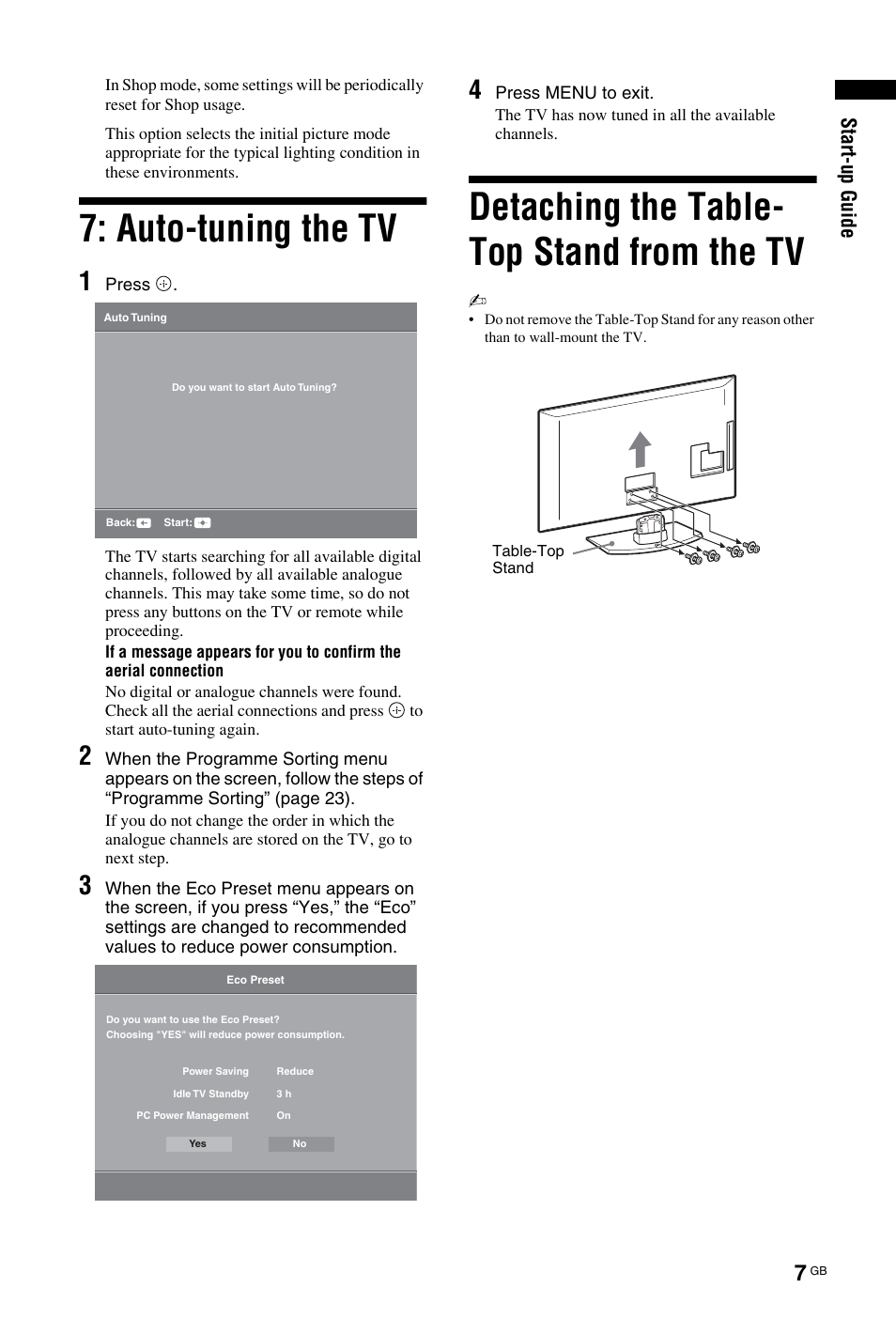 Auto-tuning the tv, Detaching the table- top stand from the tv, Start-up g uide | Sony BRAVIA 4-141-451-E1(2) User Manual | Page 7 / 34
