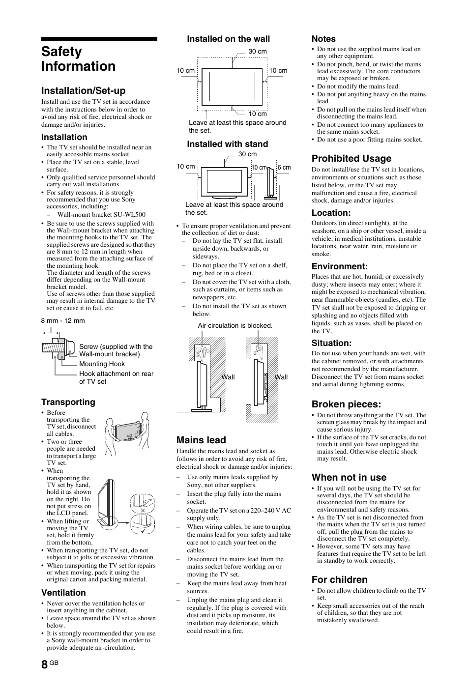 Safety information, Installation/set-up, Mains lead | Prohibited usage, Broken pieces, When not in use, For children | Sony BRAVIA 4-141-451-E1(2) User Manual | Page 8 / 34