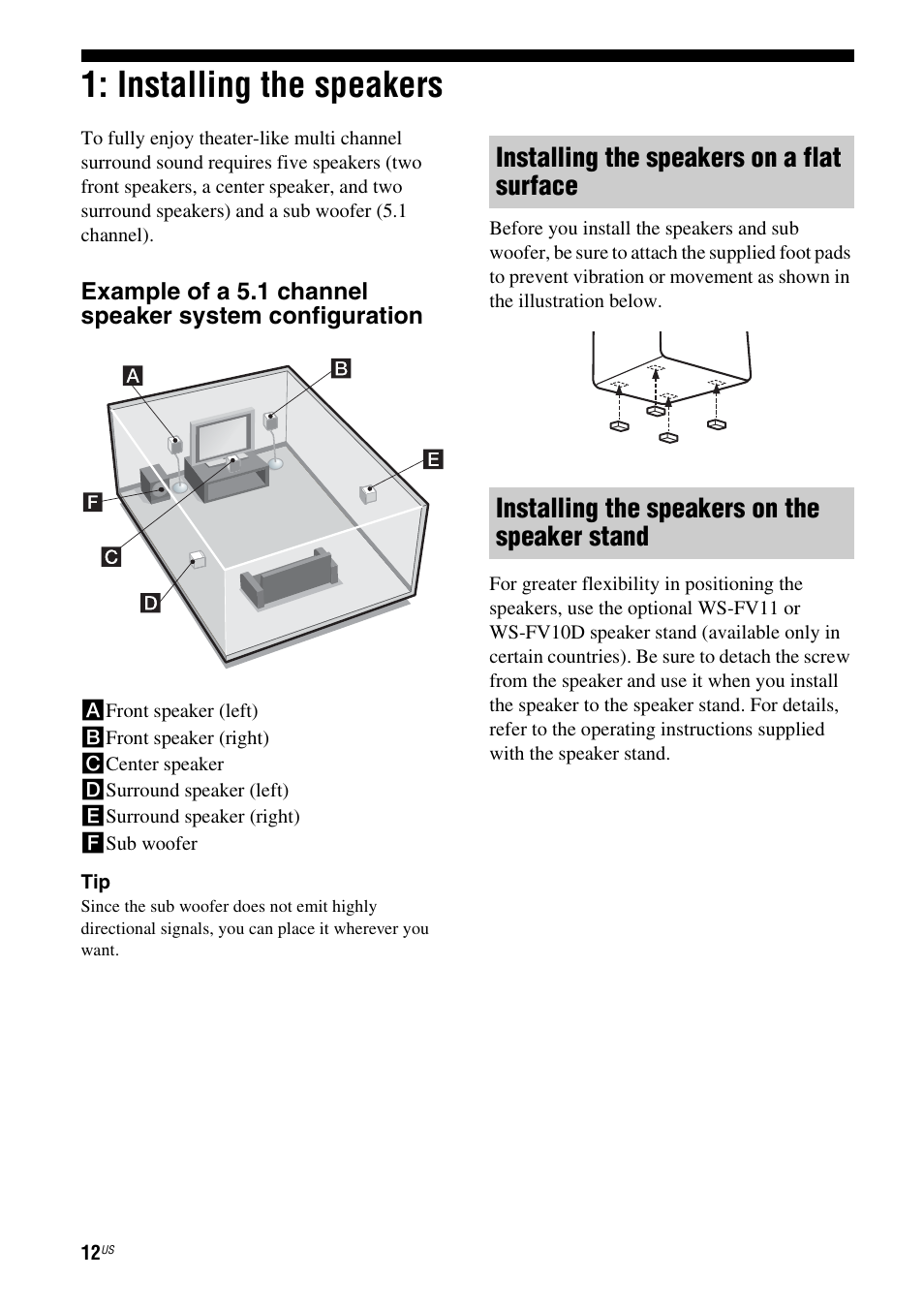 Installing the speakers | Sony HT-DDWG700 User Manual | Page 12 / 56