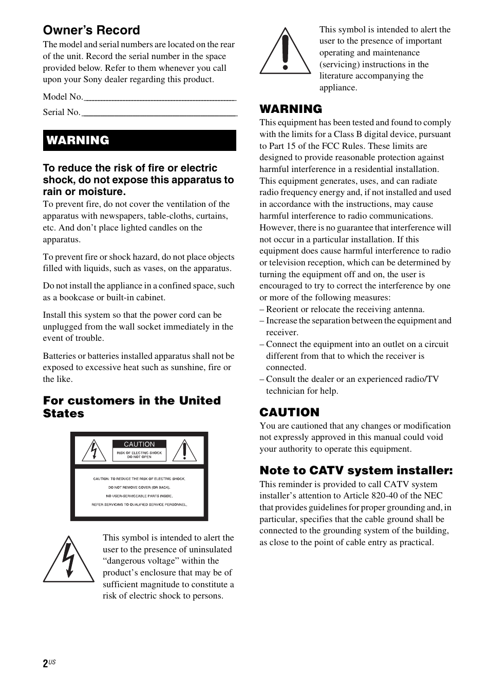 Owner’s record, For customers in the united states, Warning | Caution | Sony HT-DDWG700 User Manual | Page 2 / 56