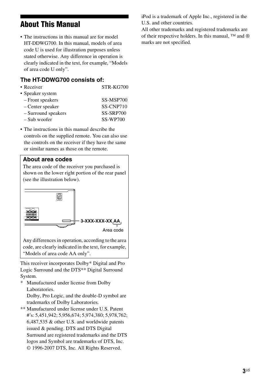About this manual, The ht-ddwg700 consists of, About area codes | Sony HT-DDWG700 User Manual | Page 3 / 56