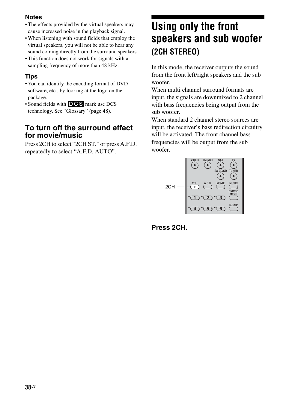 Using only the front speakers and sub, Woofer (2ch stereo), Using only the front speakers and sub woofer | 2ch stereo), Press 2ch, Tips | Sony HT-DDWG700 User Manual | Page 38 / 56