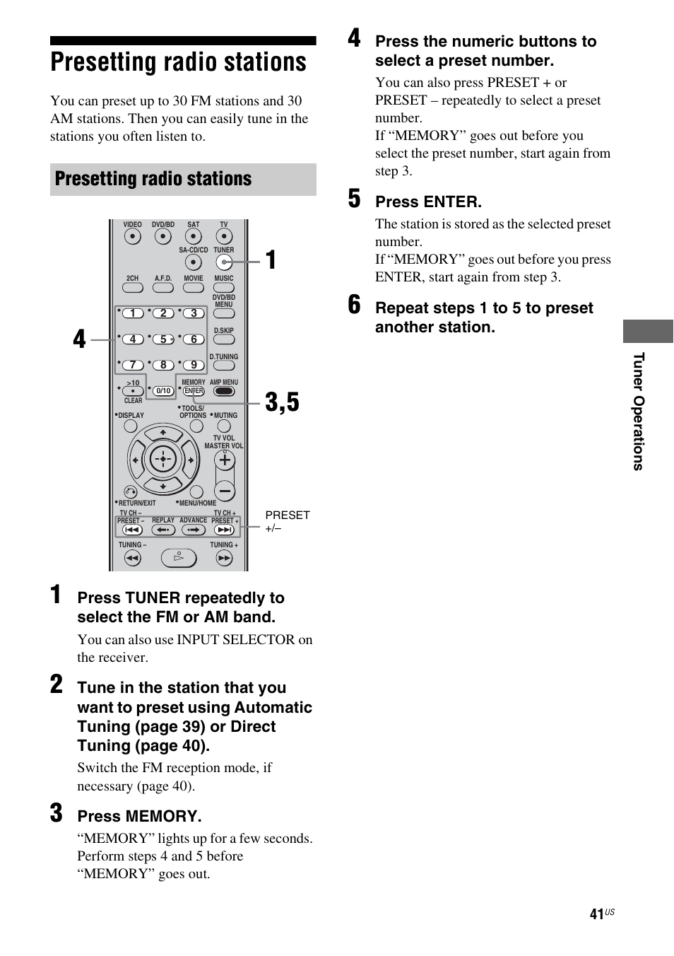 Presetting radio stations, Press tuner repeatedly to select the fm or am band, Press enter | Repeat steps 1 to 5 to preset another station | Sony HT-DDWG700 User Manual | Page 41 / 56