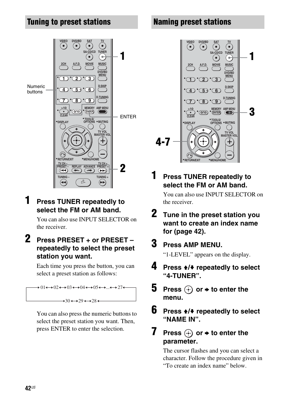 Tuning to preset stations, Naming preset stations, Press tuner repeatedly to select the fm or am band | Press amp menu, Press v / v repeatedly to select “4-tuner, Press or b to enter the menu, Press v / v repeatedly to select “name in, Press or b to enter the parameter, You can also use input selector on the receiver, Level” appears on the display | Sony HT-DDWG700 User Manual | Page 42 / 56