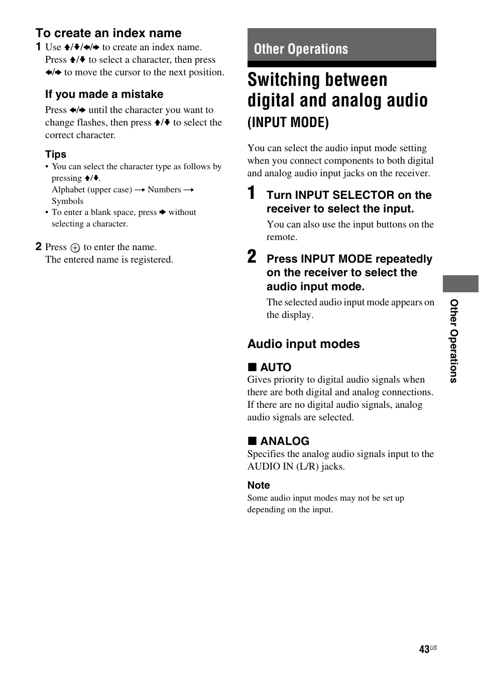 Other operations, Switching between digital and analog, Audio (input mode) | Switching between digital and analog audio, Input mode) | Sony HT-DDWG700 User Manual | Page 43 / 56