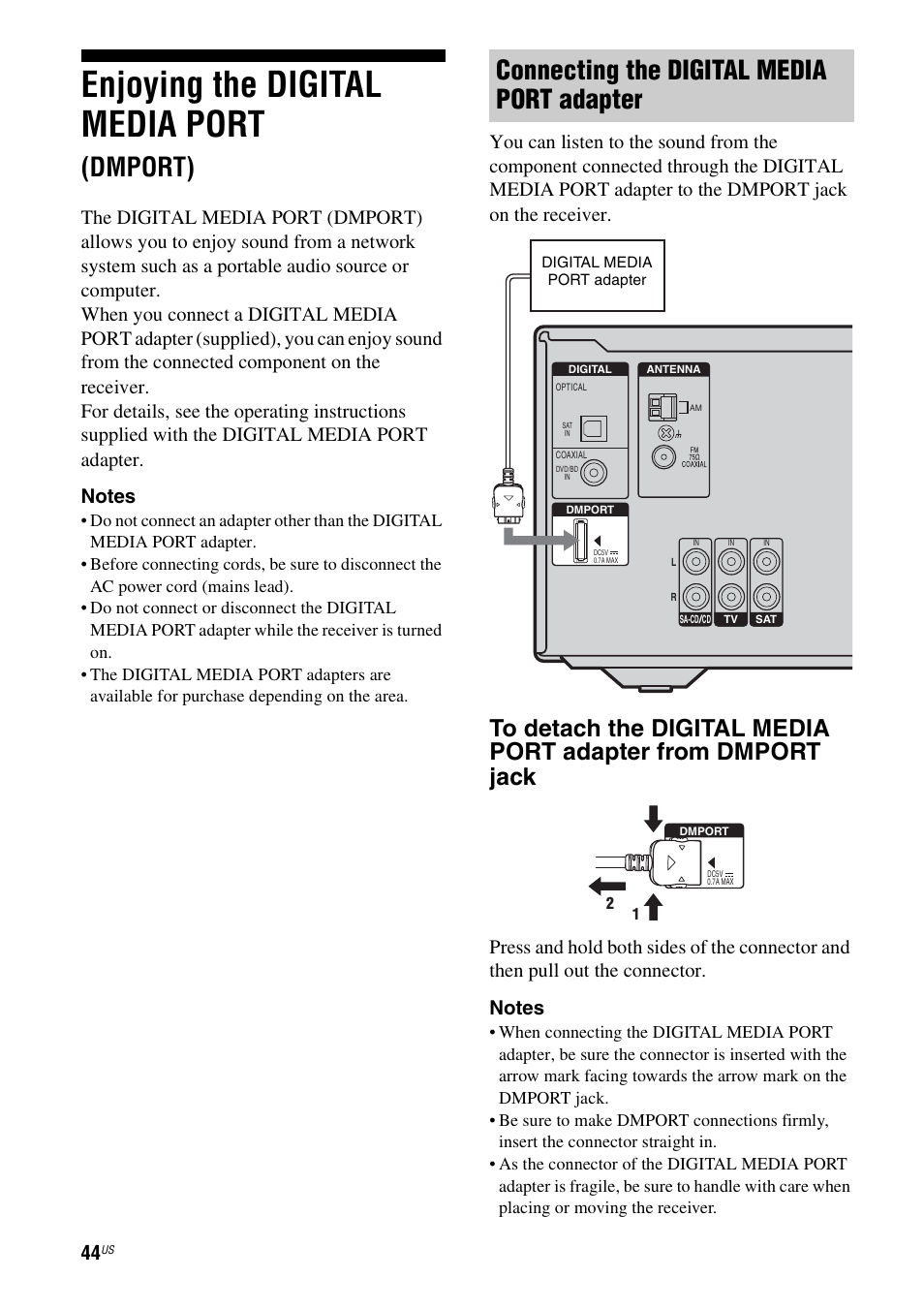Enjoying the digital media port (dmport), Enjoying the digital media port, Dmport) | Connecting the digital media port adapter | Sony HT-DDWG700 User Manual | Page 44 / 56