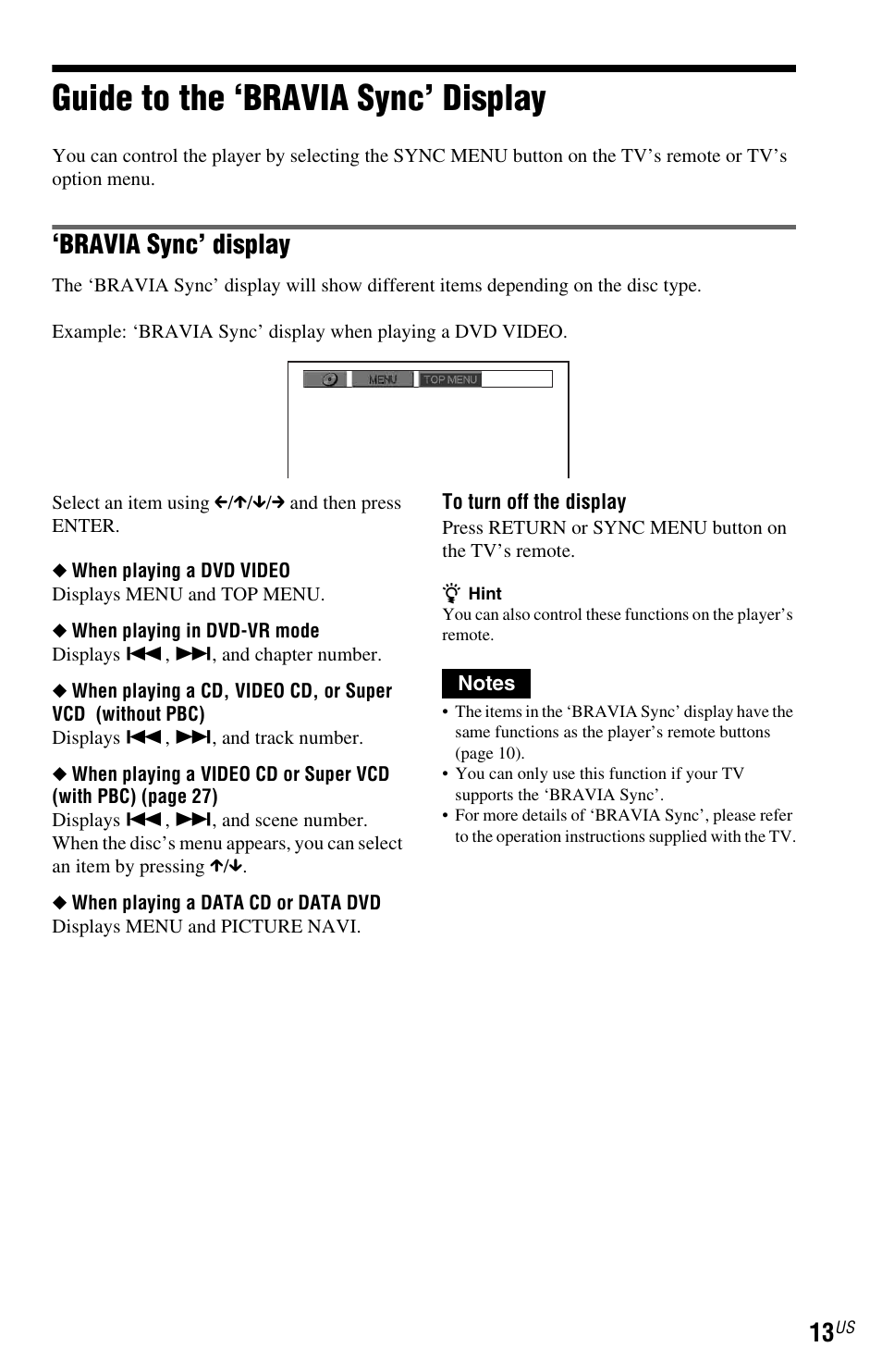 L1ac - guide to the ‘bravia sync’ display, Guide to the ‘bravia sync’ display, Bravia sync’ display | Sony DVP-NS601H User Manual | Page 13 / 88