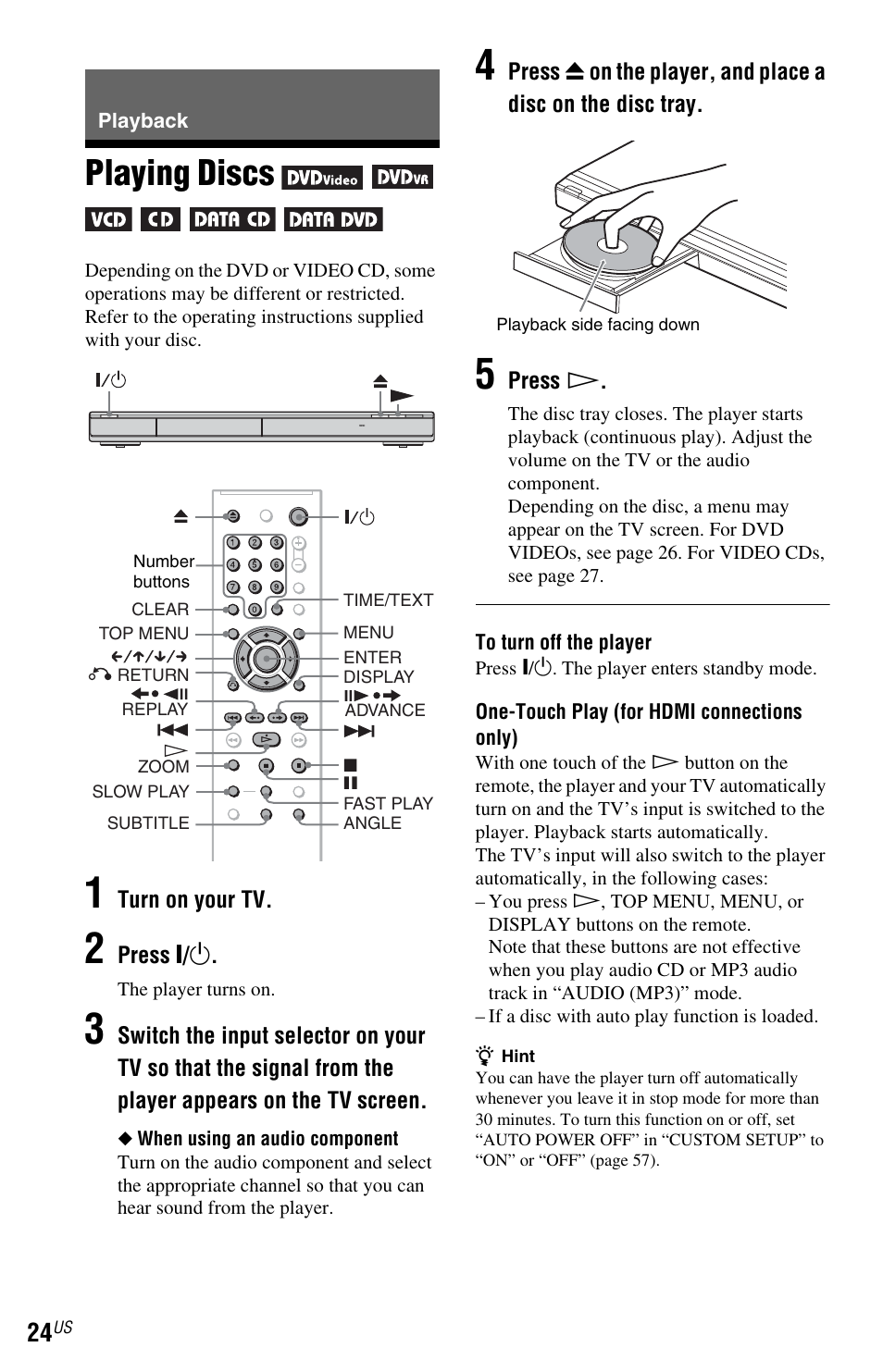 L0 - playback, L1 - playing discs, Playback | Playing discs, Button (24), N (24) | Sony DVP-NS601H User Manual | Page 24 / 88