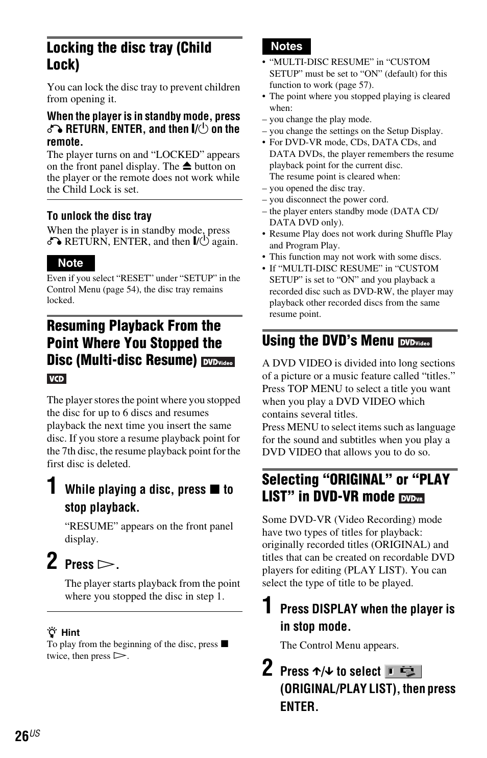 Menu button (26), Button (26), N (26 | Locking the disc tray (child lock), Using the dvd’s menu, Selecting “original” or “play list” in dvd-vr mode | Sony DVP-NS601H User Manual | Page 26 / 88