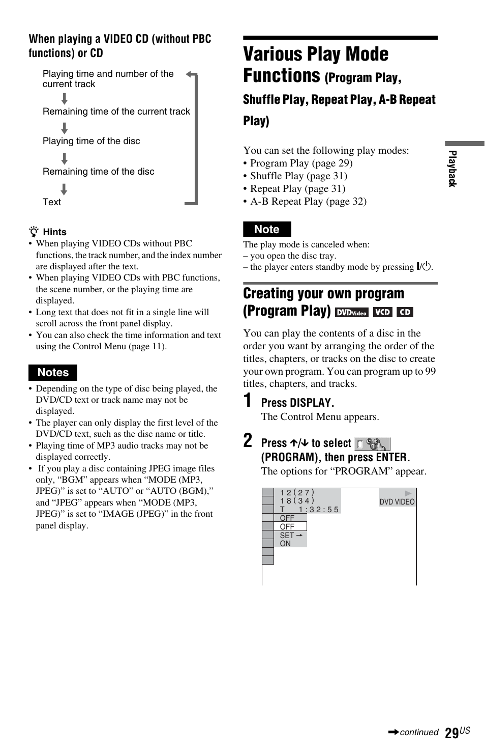 Various play mode functions, Creating your own program (program play) | Sony DVP-NS601H User Manual | Page 29 / 88