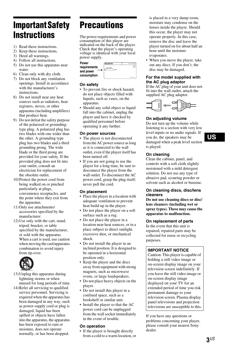 L1 - important safety instructions, L1 - precautions, Important safety instructions | Precautions | Sony DVP-NS601H User Manual | Page 3 / 88