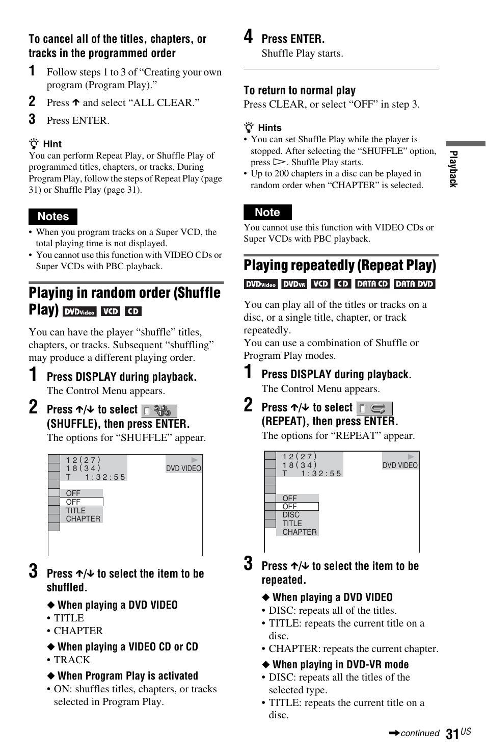 Playing in random order (shuffle play), Playing repeatedly (repeat play) | Sony DVP-NS601H User Manual | Page 31 / 88