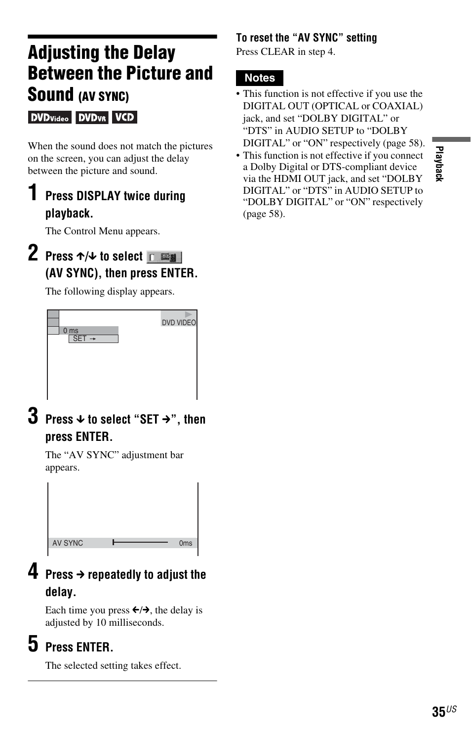 Adjusting the delay between the picture and sound | Sony DVP-NS601H User Manual | Page 35 / 88