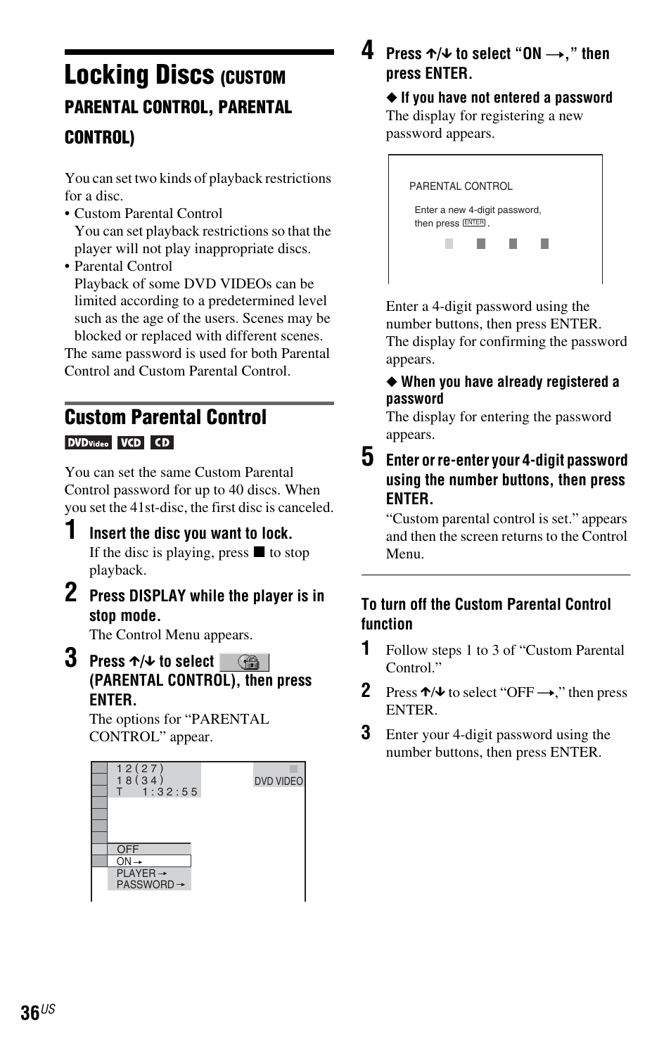 Locking discs (cus, Locking discs, Custom parental control | Sony DVP-NS601H User Manual | Page 36 / 88