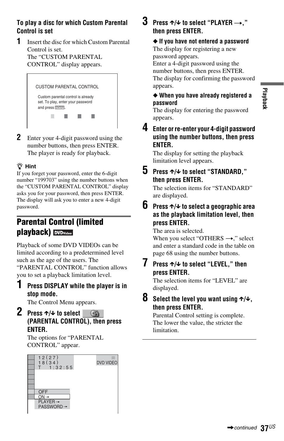 Parental control (limited playback) | Sony DVP-NS601H User Manual | Page 37 / 88