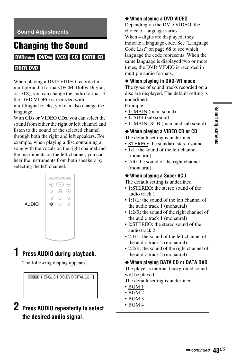 L0 - sound adjustments, L1 - changing the sound, Sound adjustments | Changing the sound, Button (43) | Sony DVP-NS601H User Manual | Page 43 / 88