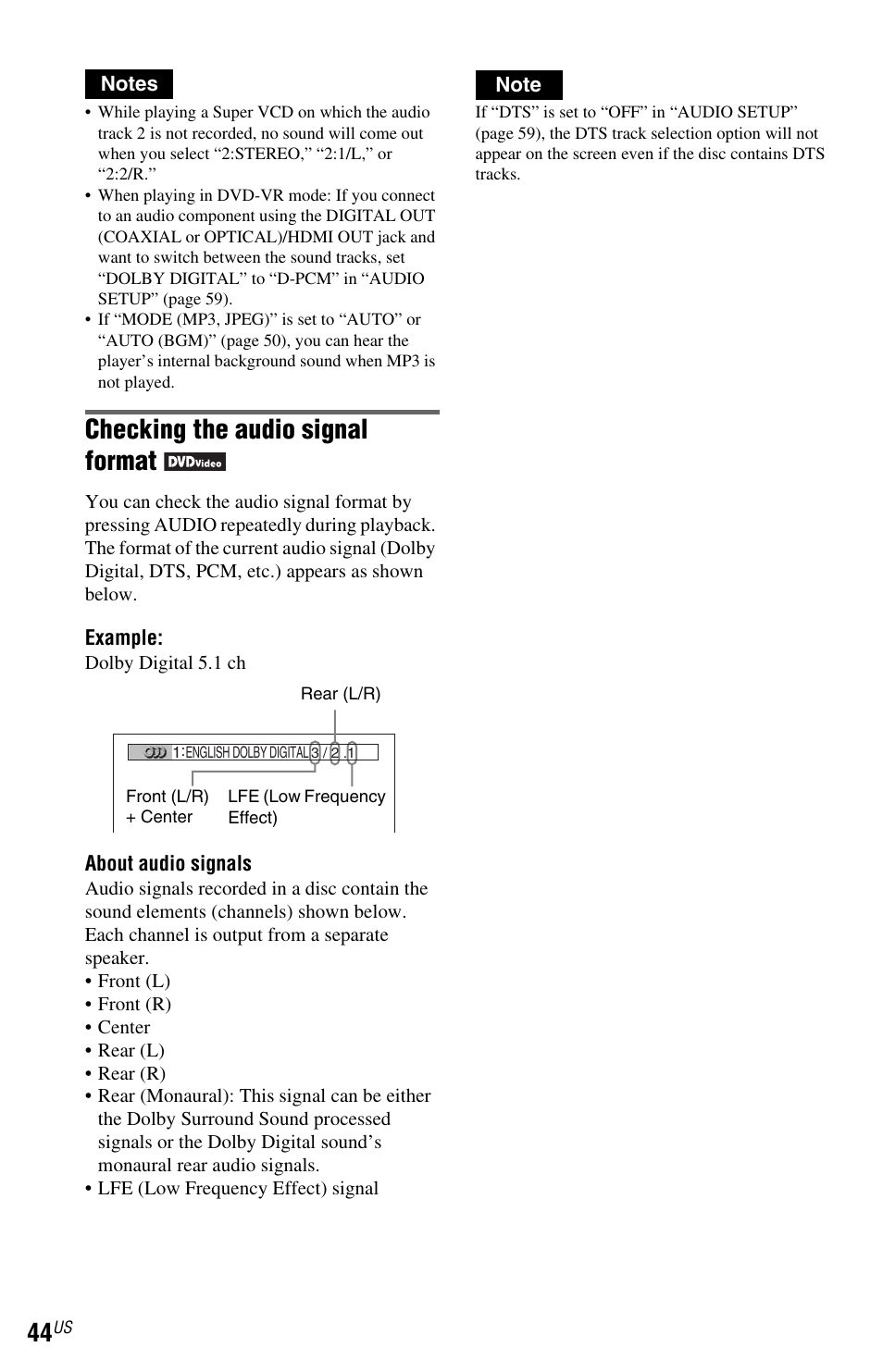 Checking the audio signal format | Sony DVP-NS601H User Manual | Page 44 / 88