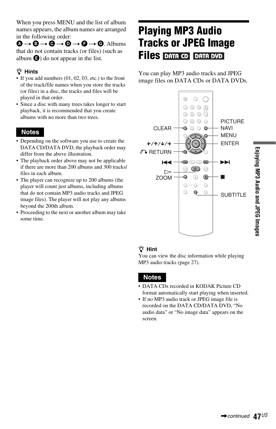 L1 - playing mp3 audio tracks or jpeg image files, Playing mp3 audio tracks or jpeg image files | Sony DVP-NS601H User Manual | Page 47 / 88