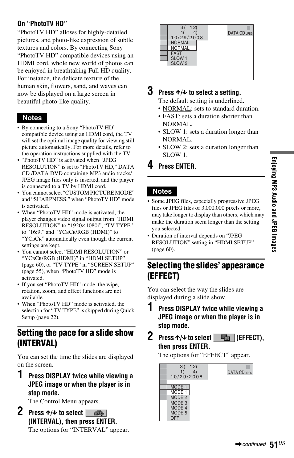 Setting the pace for a slide show (interval), Selecting the slides’ appearance (effect) | Sony DVP-NS601H User Manual | Page 51 / 88