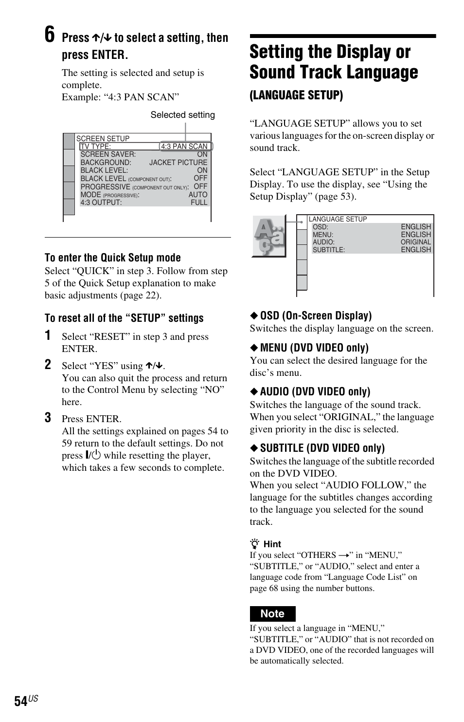 Setting the display or sound track language, Press x / x to select a setting, then press enter, Language setup) | Sony DVP-NS601H User Manual | Page 54 / 88