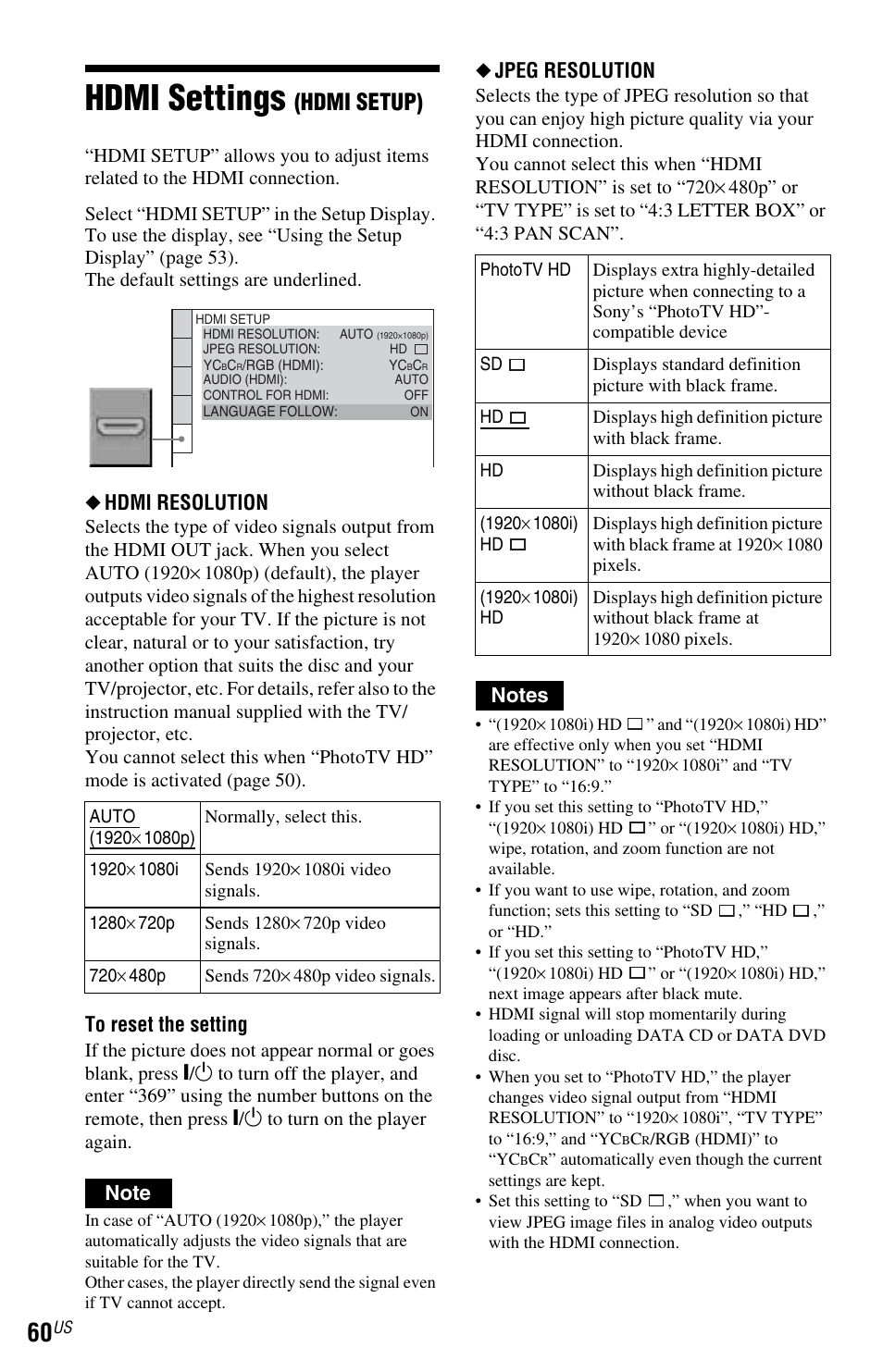 L1 - hdmi settings (hdmi setup), Hdmi settings, Hdmi setup) | Hdmi resolution, Jpeg resolution | Sony DVP-NS601H User Manual | Page 60 / 88