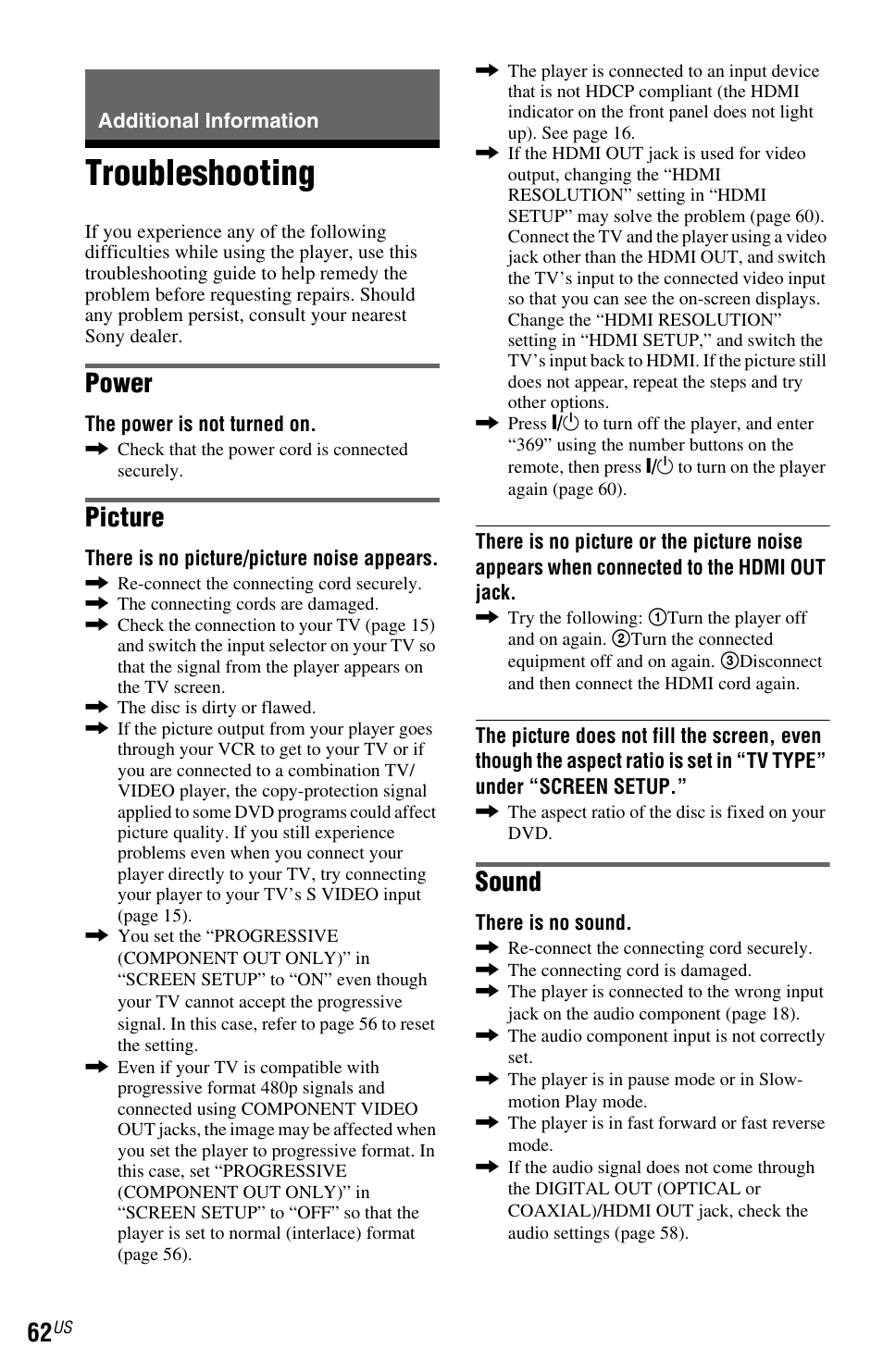 L0 - additional information, L1 - troubleshooting, Additional information | Troubleshooting, Power, Picture, Sound | Sony DVP-NS601H User Manual | Page 62 / 88