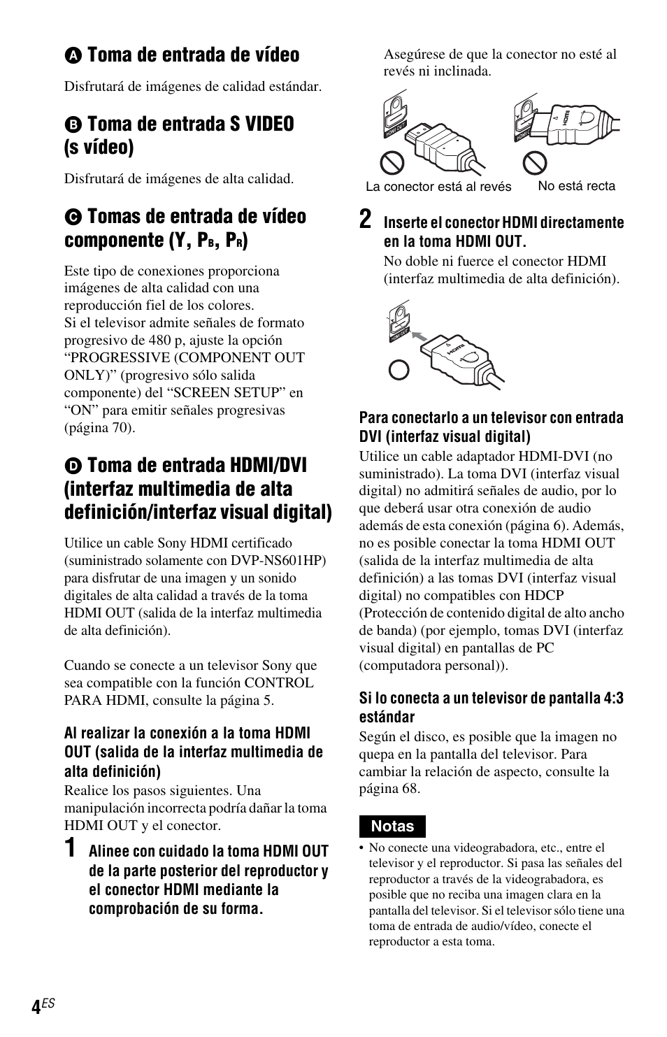 Toma de entrada de vídeo, Toma de entrada s video (s vídeo), Tomas de entrada de vídeo componente (y, p | Sony DVP-NS601H User Manual | Page 74 / 88