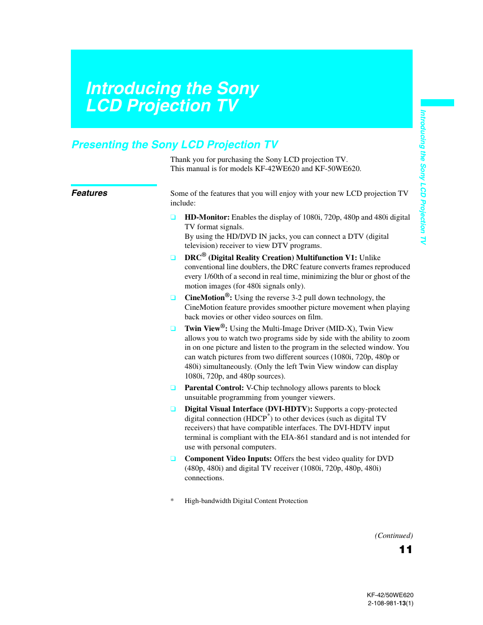 Introducing the sony lcd projection tv, Presenting the sony lcd projection tv, Installing and connecting the lcd projection tv | Sony KF-42WE620 User Manual | Page 11 / 95