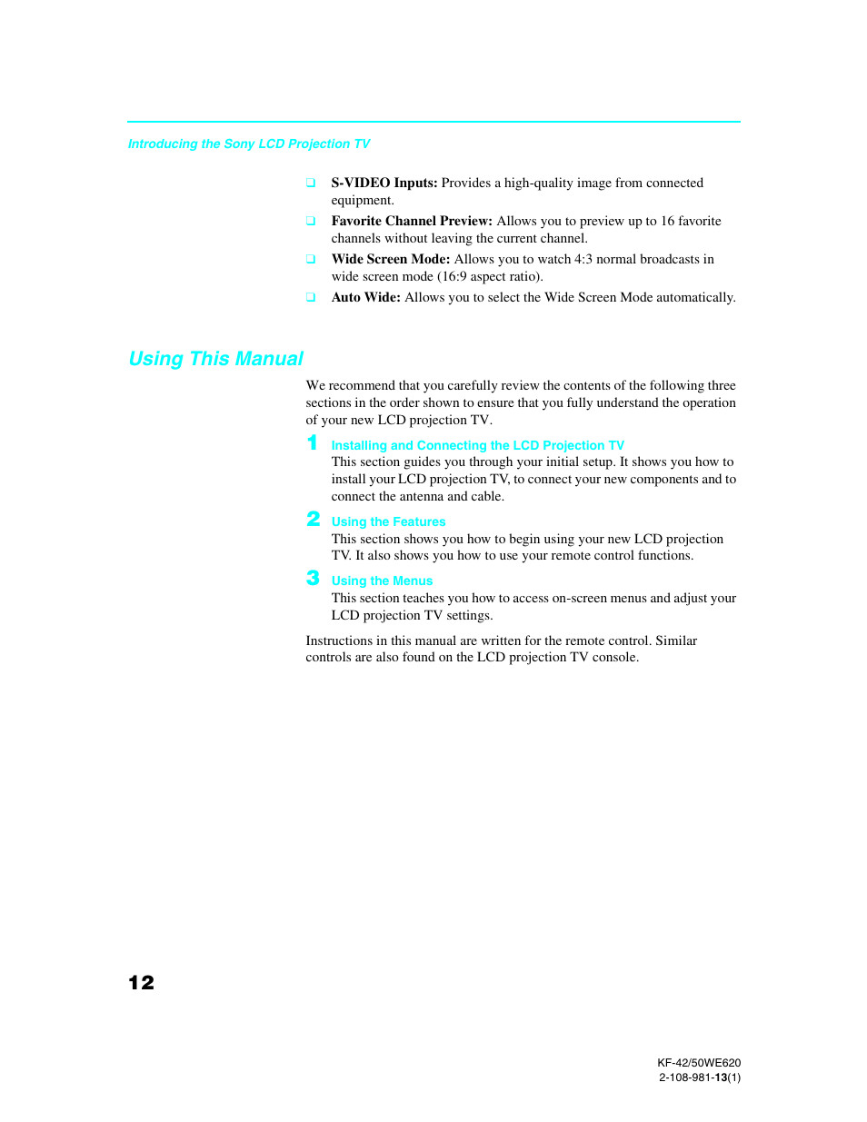 Using this manual | Sony KF-42WE620 User Manual | Page 12 / 95