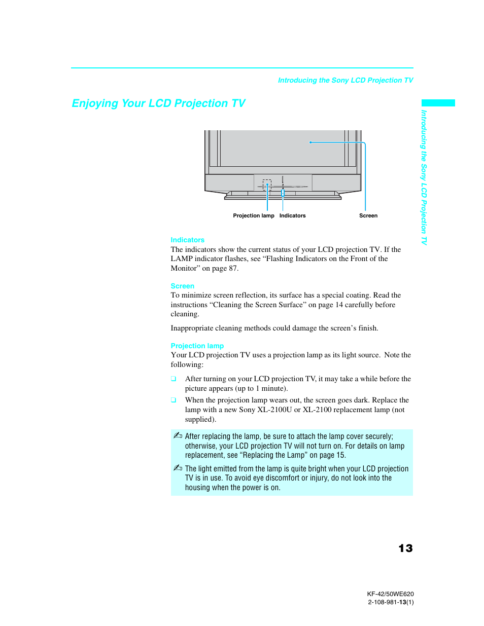 Enjoying your lcd projection tv | Sony KF-42WE620 User Manual | Page 13 / 95