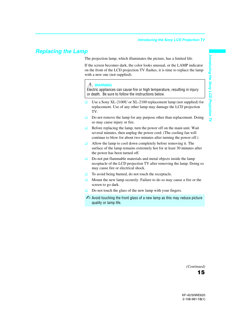 Replacing the lamp | Sony KF-42WE620 User Manual | Page 15 / 95