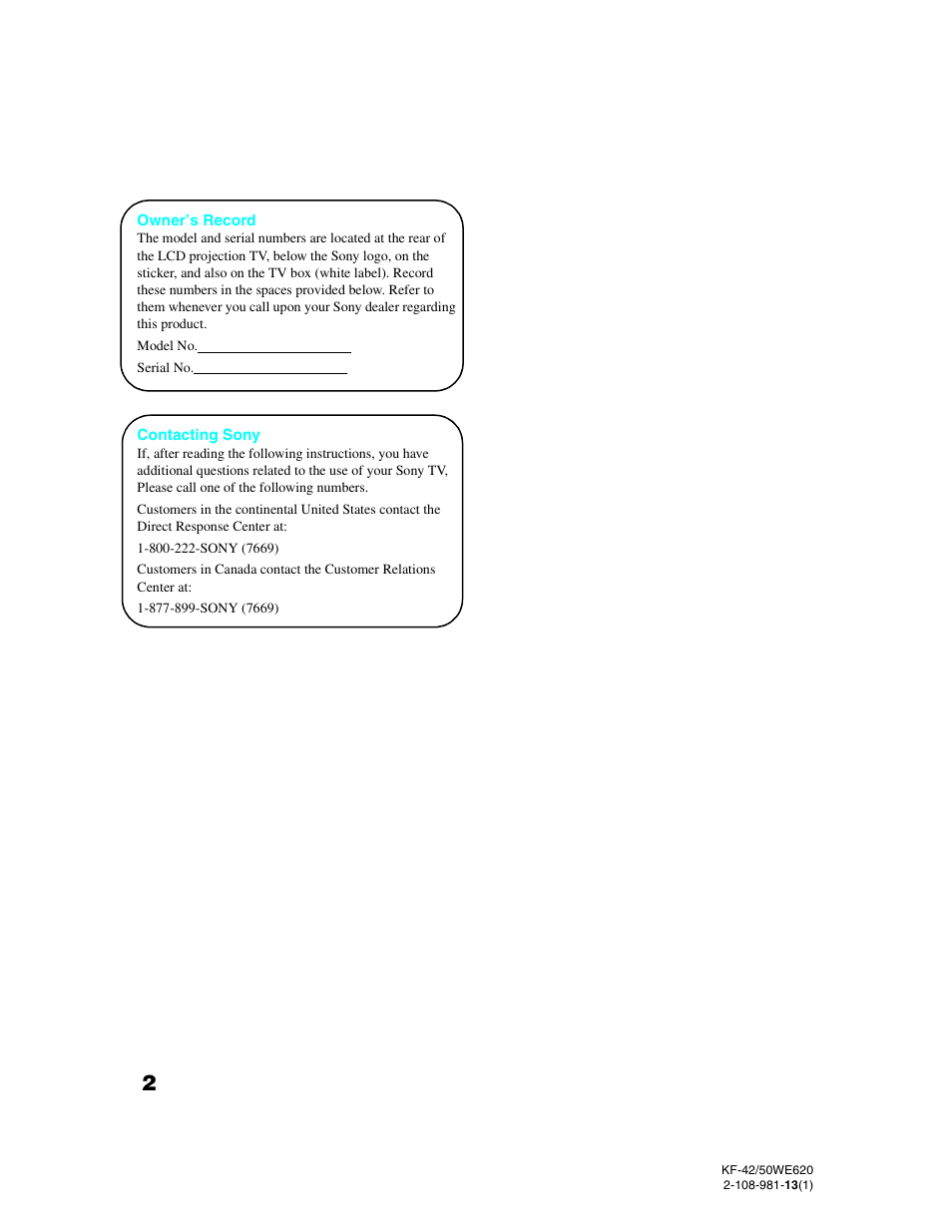 Sony KF-42WE620 User Manual | Page 2 / 95