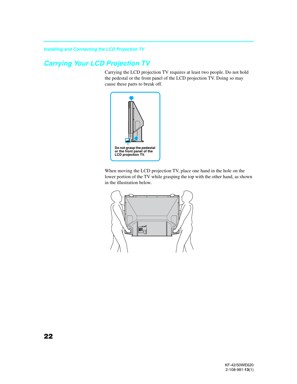 Carrying your lcd projection tv | Sony KF-42WE620 User Manual | Page 22 / 95