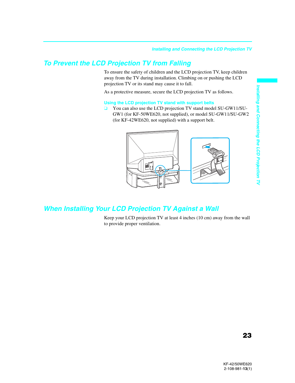 To prevent the lcd projection tv from falling, Wall | Sony KF-42WE620 User Manual | Page 23 / 95