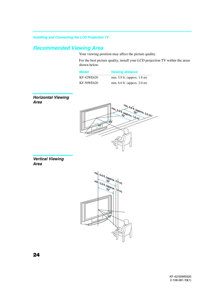 Recommended viewing area, Horizontal viewing area, Vertical viewing area | Sony KF-42WE620 User Manual | Page 24 / 95