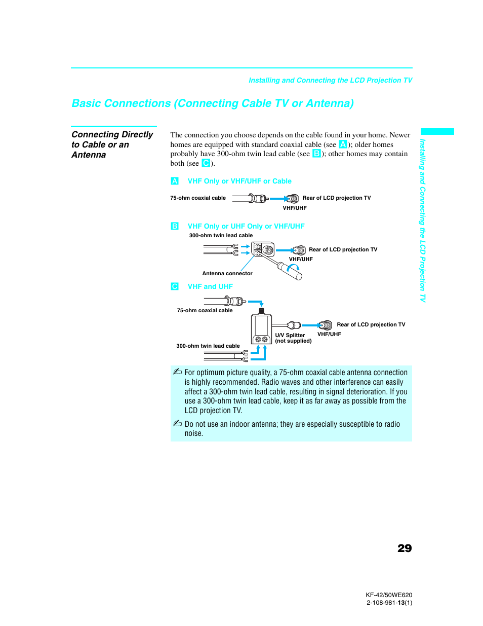 Basic connections (connecting cable tv or antenna), Basic connections (connecting cable tv or, Antenna) | Sony KF-42WE620 User Manual | Page 29 / 95