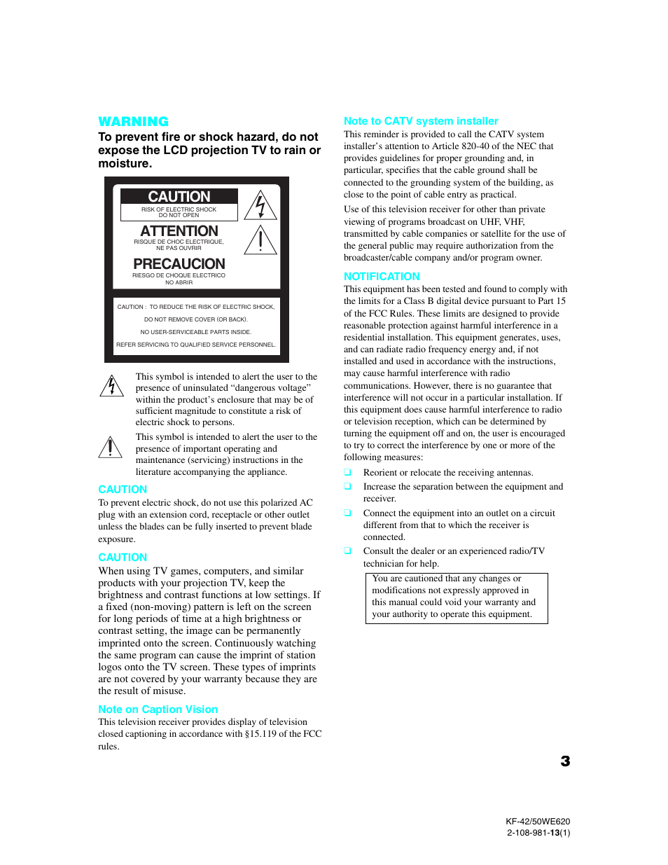 Caution, Attention, Precaucion | Warning | Sony KF-42WE620 User Manual | Page 3 / 95