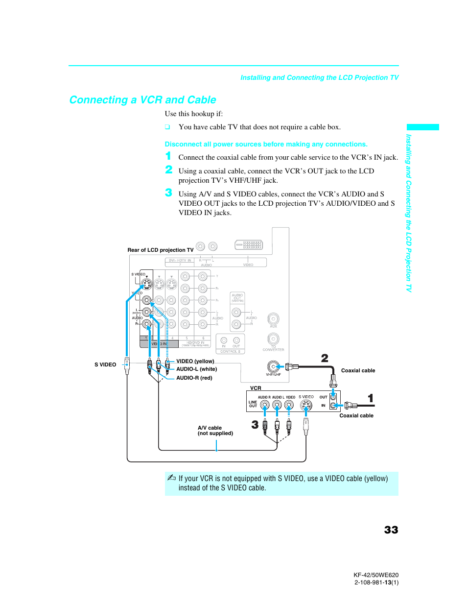 Connecting a vcr and cable | Sony KF-42WE620 User Manual | Page 33 / 95