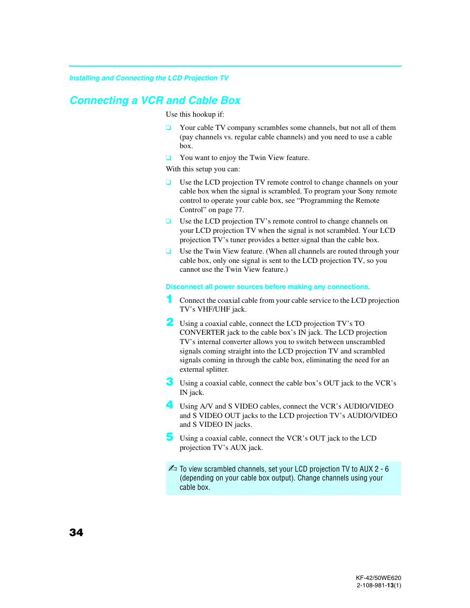 Connecting a vcr and cable box | Sony KF-42WE620 User Manual | Page 34 / 95