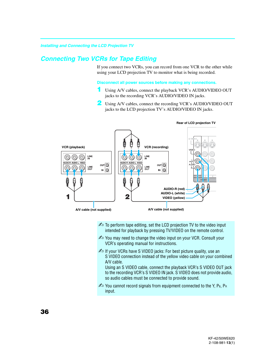 Connecting two vcrs for tape editing | Sony KF-42WE620 User Manual | Page 36 / 95