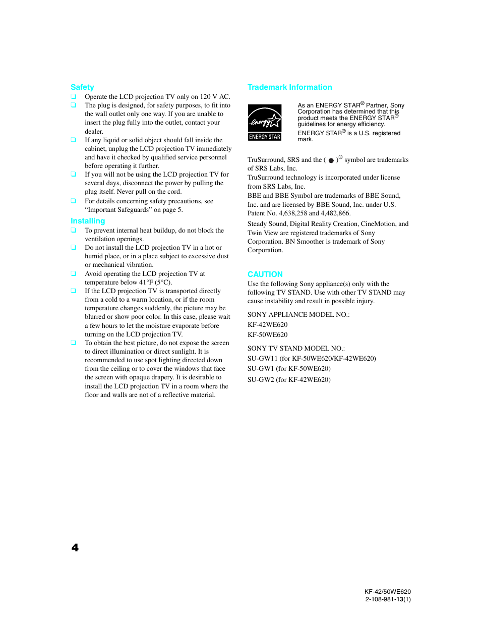 Sony KF-42WE620 User Manual | Page 4 / 95